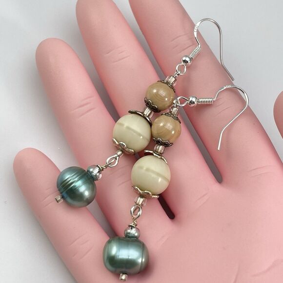 Earrings Sterling Silver Plated Jasper Stone Freshwater Pearl Beaded Dangle Boho - Picture 5 of 6
